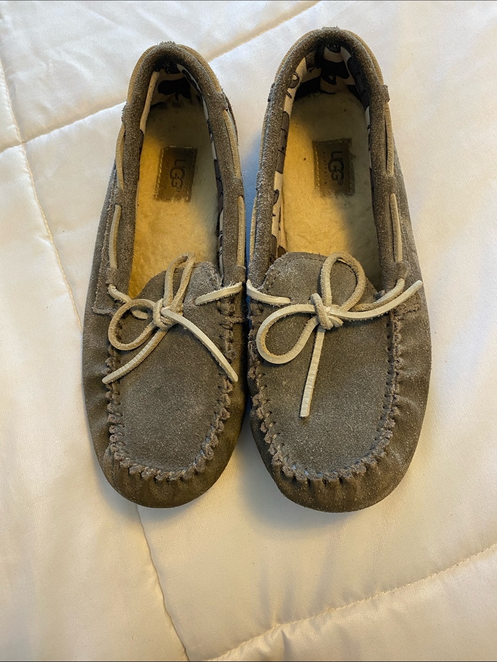 UGG Kids Gray Suede Moccasin Slippers with Shearling
